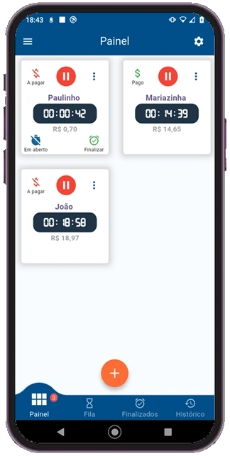 Interface do aplicativo Brincômetro mostrando cronômetros e controle de brinquedos