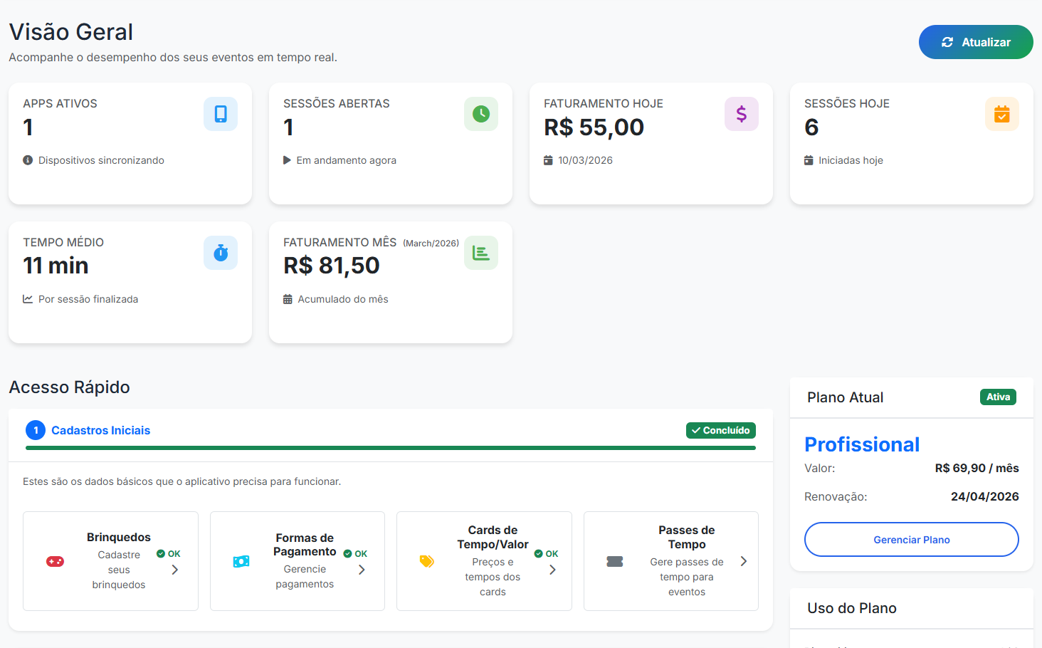 Tela do app Brincômetro com timers e painel de controle